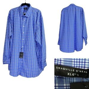 Shaquille O’Neal Men's Casual Shirt Blue Plaid long sleeve button up office fall